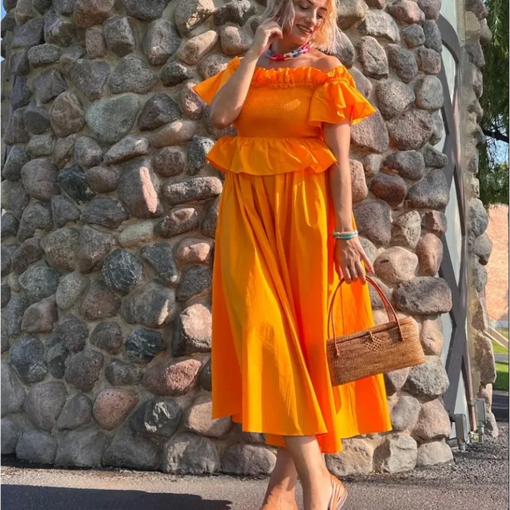 Toccin Orange Midi Dress XL Smocked Cottage Ruffle Cotton Designer $500 - Picture 7 of 11